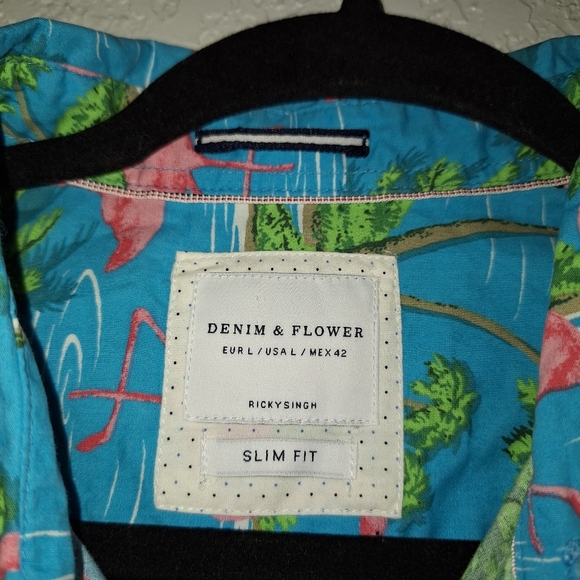 Denim And Flower Pink Flamingo Button Down Large Slim Fit - Picture 6 of 8